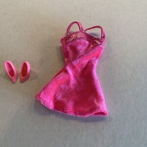 Barbie Bright Pink Fuzzy Doll Dress With Pink Heels, Dress Has Silver Sparkling